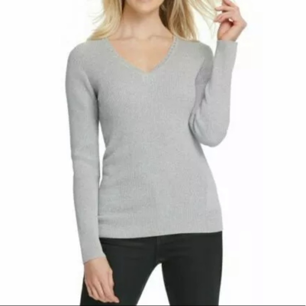 DKNY Metallic Silver Ribbed Stretch Sweater